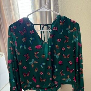 Love Green Butterfly Print Women's Blouse